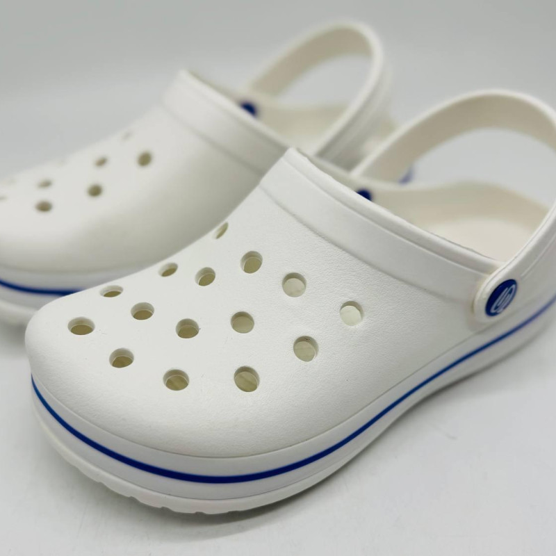 Крокси жіночі білі з синей полосою PROGRESS , кроксы белые женские