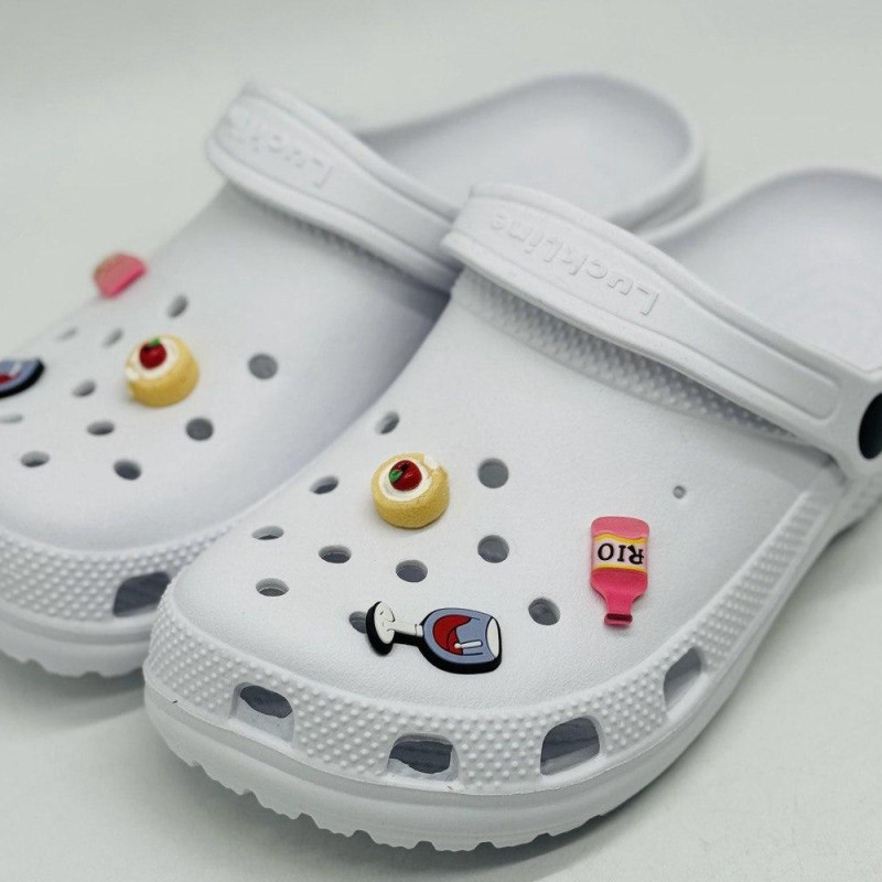 Крокси жіночі білі Luck Line + Джібітси 3 шт , кроксы белые женские