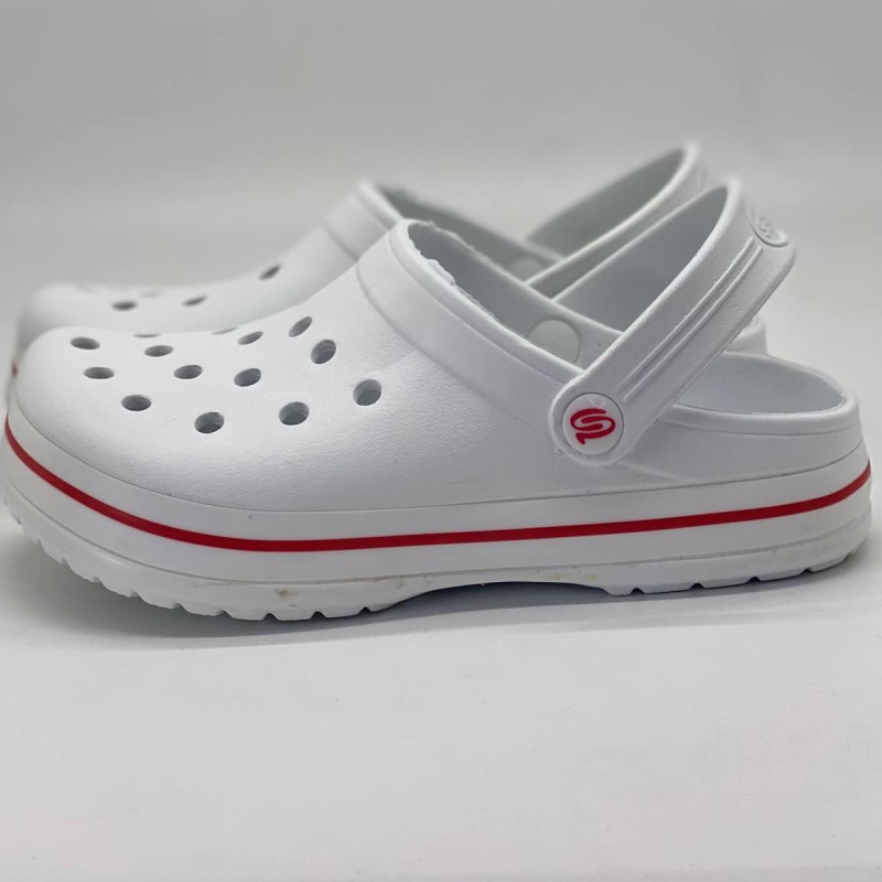 Крокси жіночі білі з червоной полосою PROGRESS , кроксы белые женские