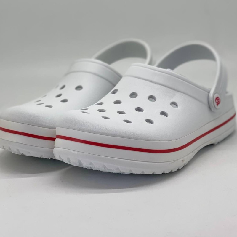 Крокси жіночі білі з червоной полосою PROGRESS , кроксы белые женские