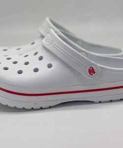 Крокси жіночі білі з червоной полосою PROGRESS , кроксы белые женские