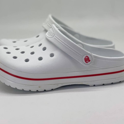 Крокси жіночі білі з червоной полосою PROGRESS , кроксы белые женские